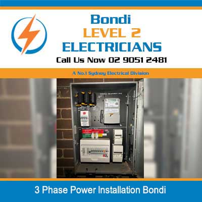 3 phase electrical installation with meter box and distribution board mounted in brick wall in Bondi